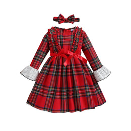 Girls Red Checked Bell Sleeve Ruffled Fit & Flare Dress