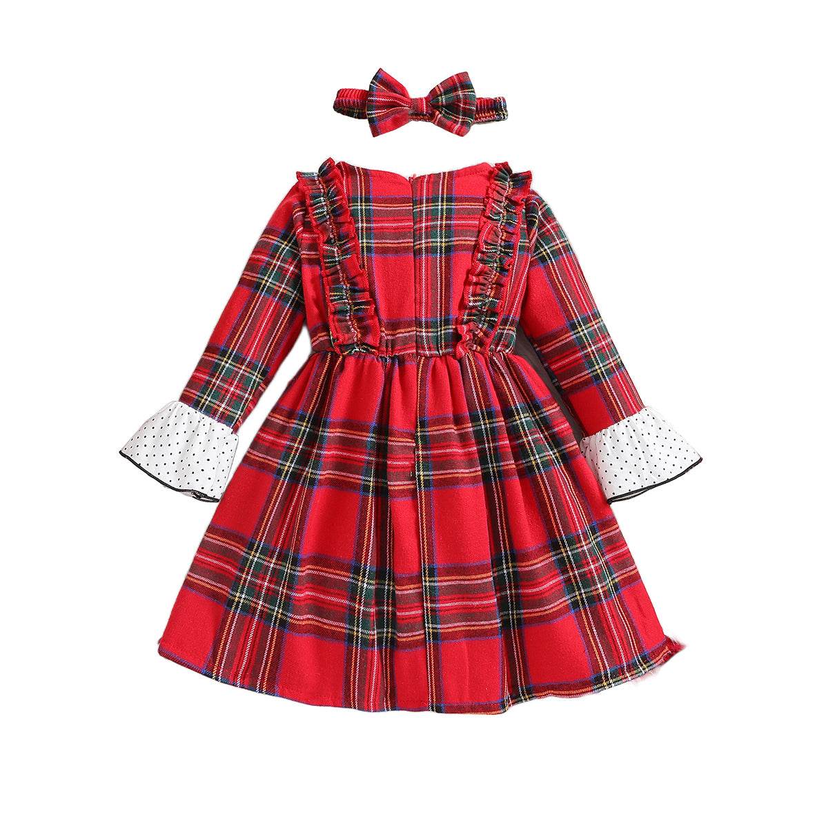 Girls Red Checked Bell Sleeve Ruffled Fit & Flare Dress