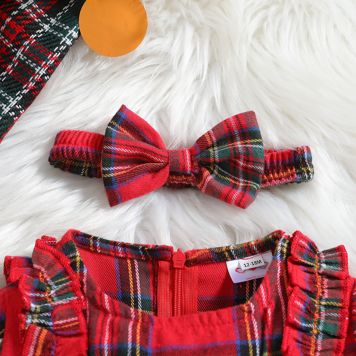 Girls Red Checked Bell Sleeve Ruffled Fit & Flare Dress