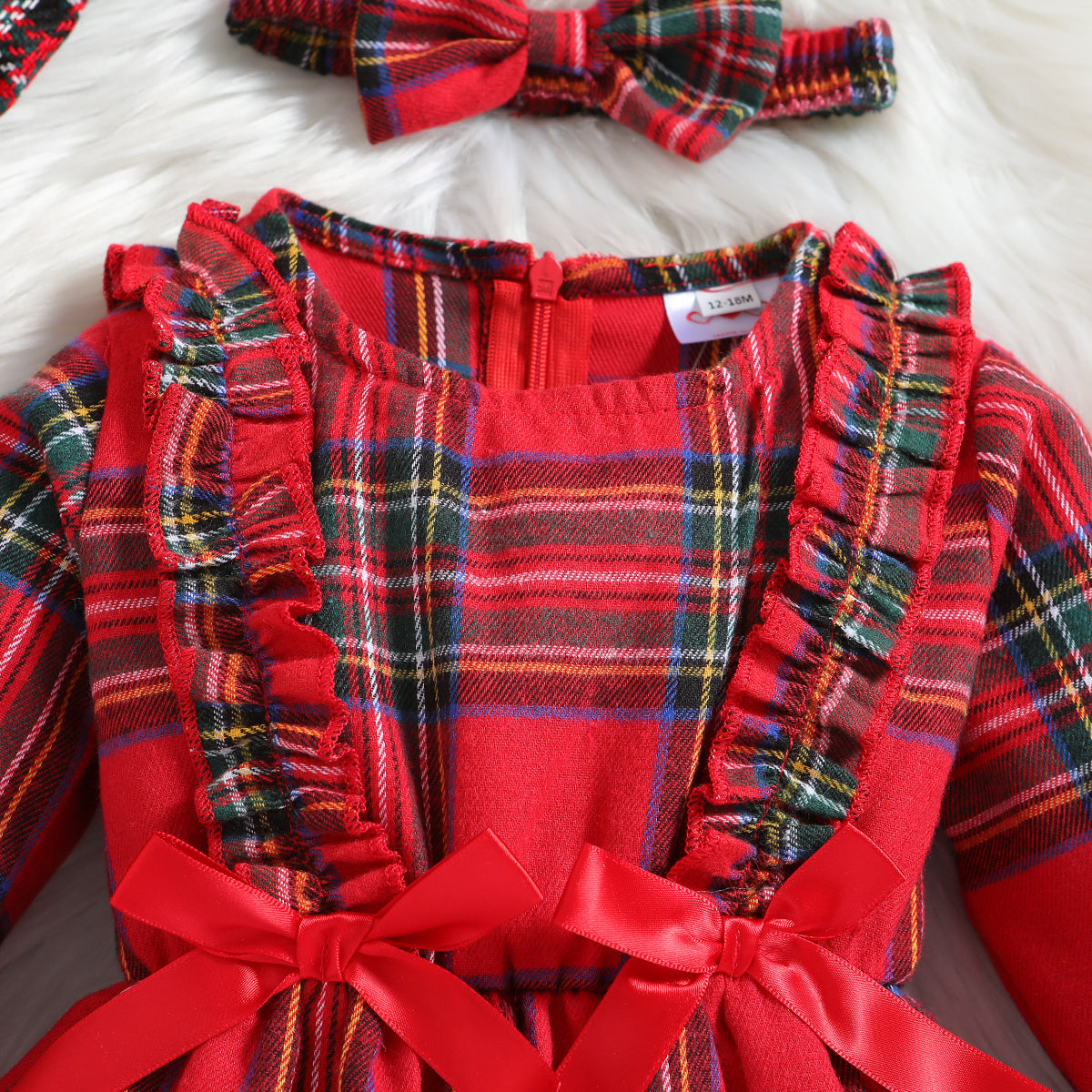 Girls Red Checked Bell Sleeve Ruffled Fit & Flare Dress