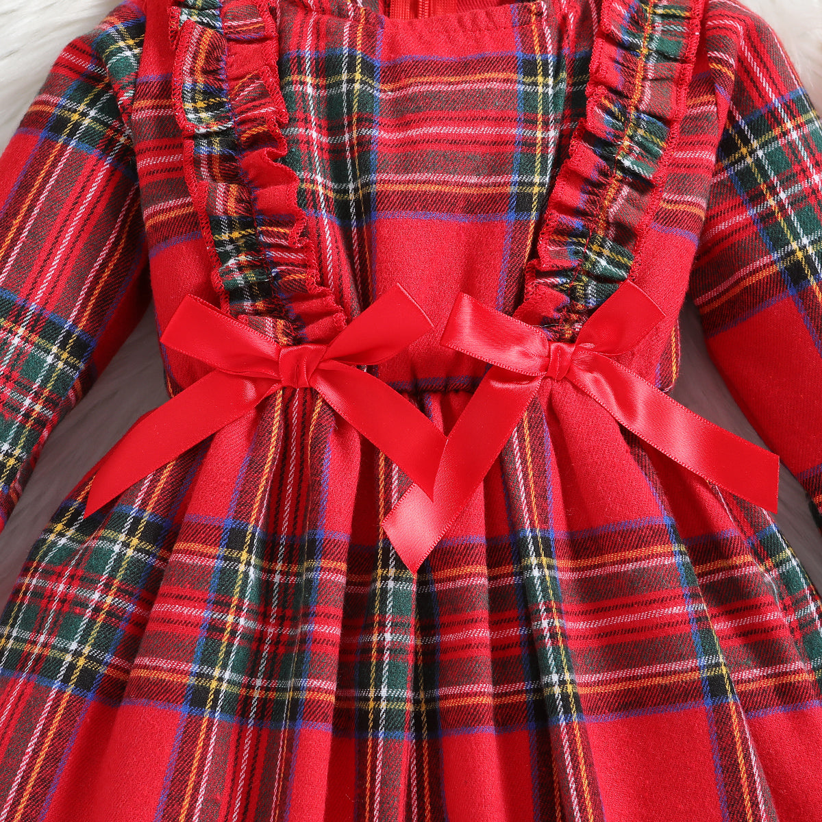 Girls Red Checked Bell Sleeve Ruffled Fit & Flare Dress