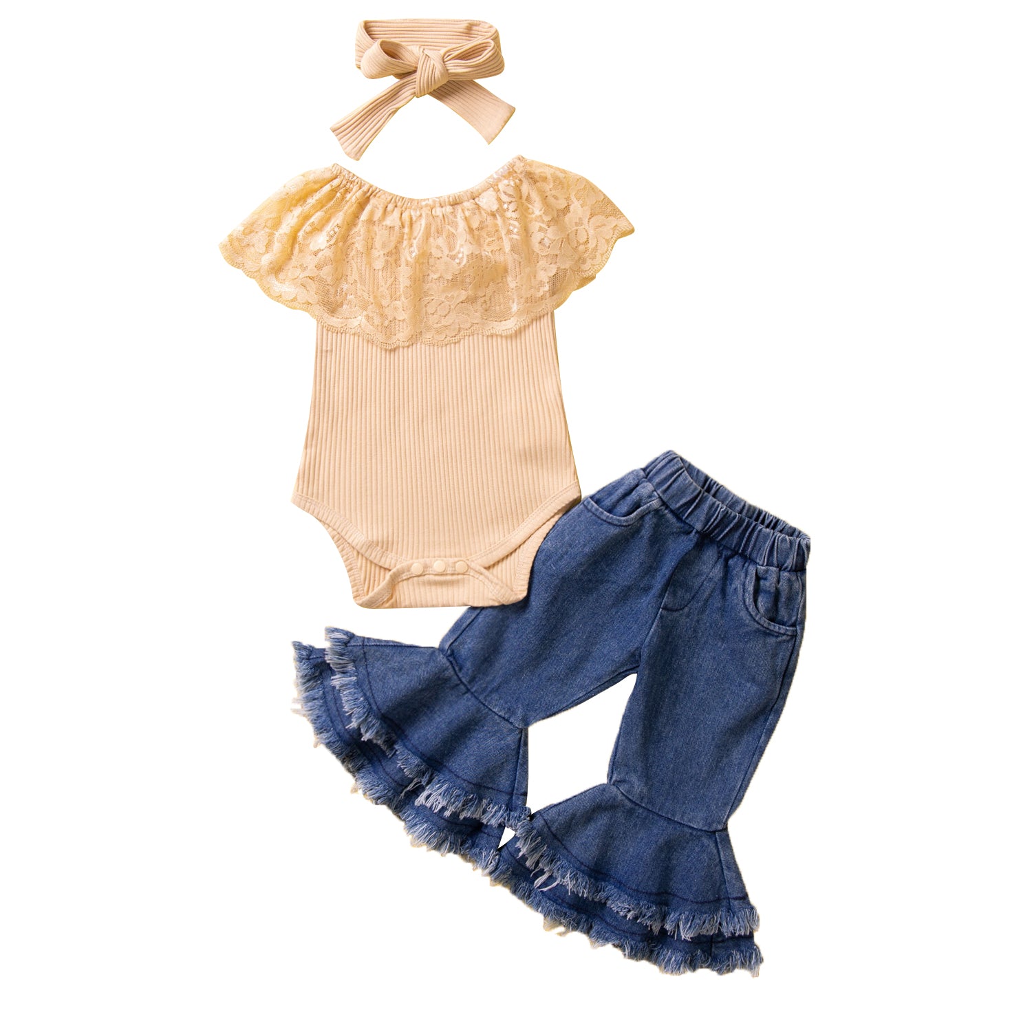 Infants Girls Beige Self Design Pure Cotton Bodysuit with Bell Bottom Jeans