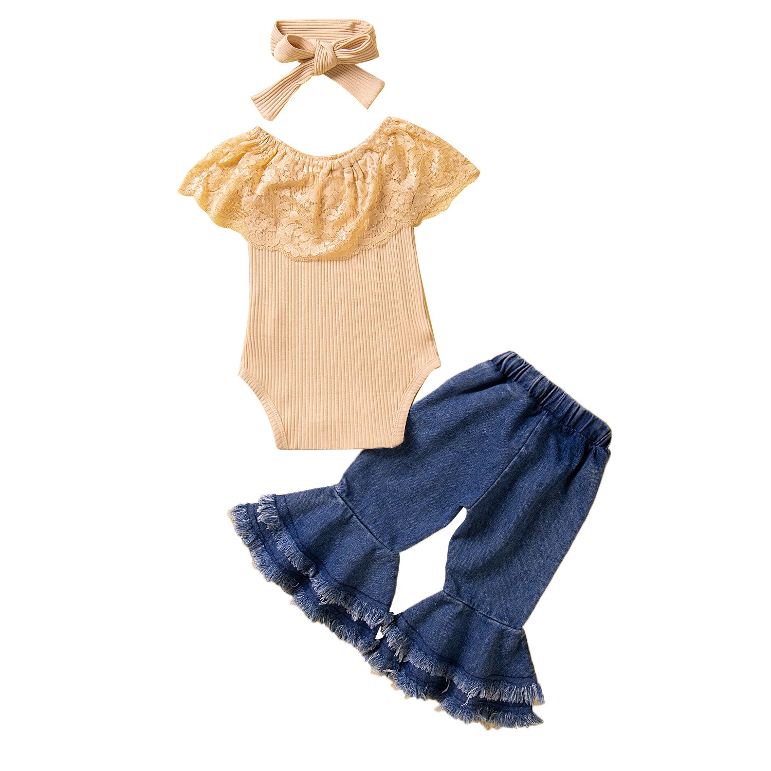 Infants Girls Beige Self Design Pure Cotton Bodysuit with Bell Bottom Jeans