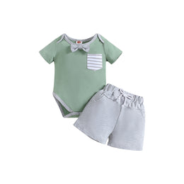 Boys Green & Grey Striped Bodysuit With Shorts
