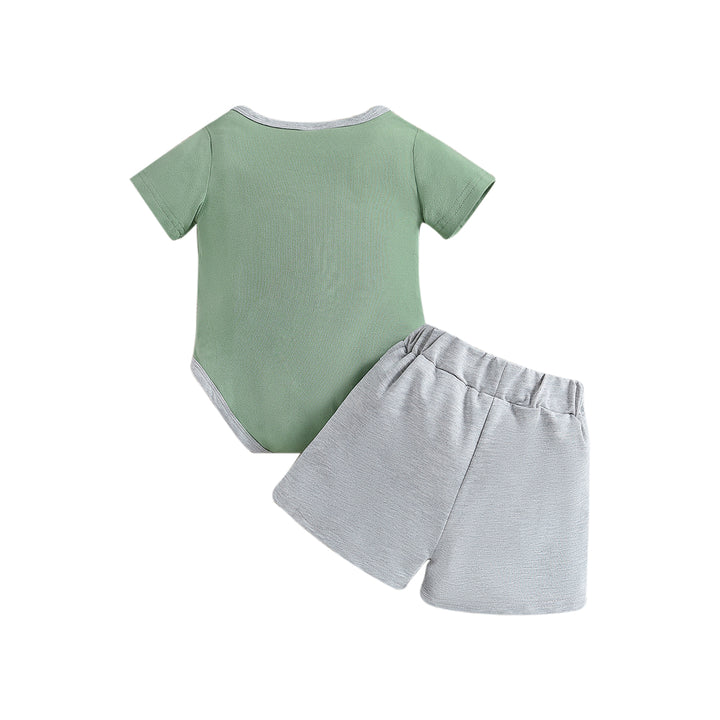 Boys Green & Grey Striped Bodysuit With Shorts