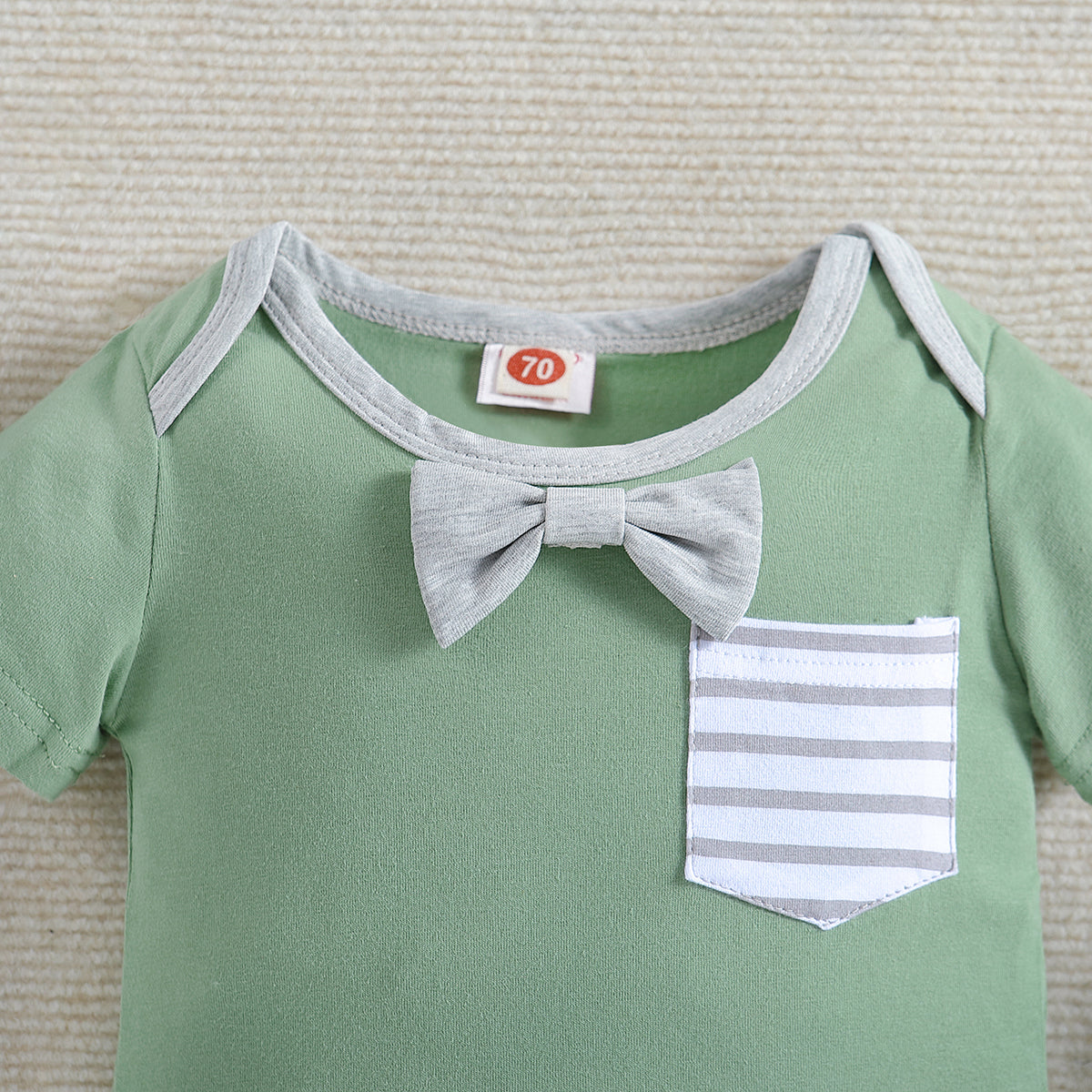 Boys Green & Grey Striped Bodysuit With Shorts