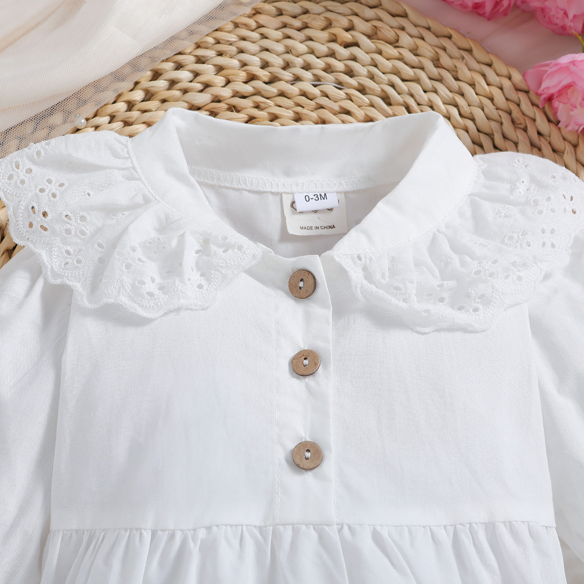 Infants Girls White Self Design Peter Pan Collar Schiffli Bodysuit