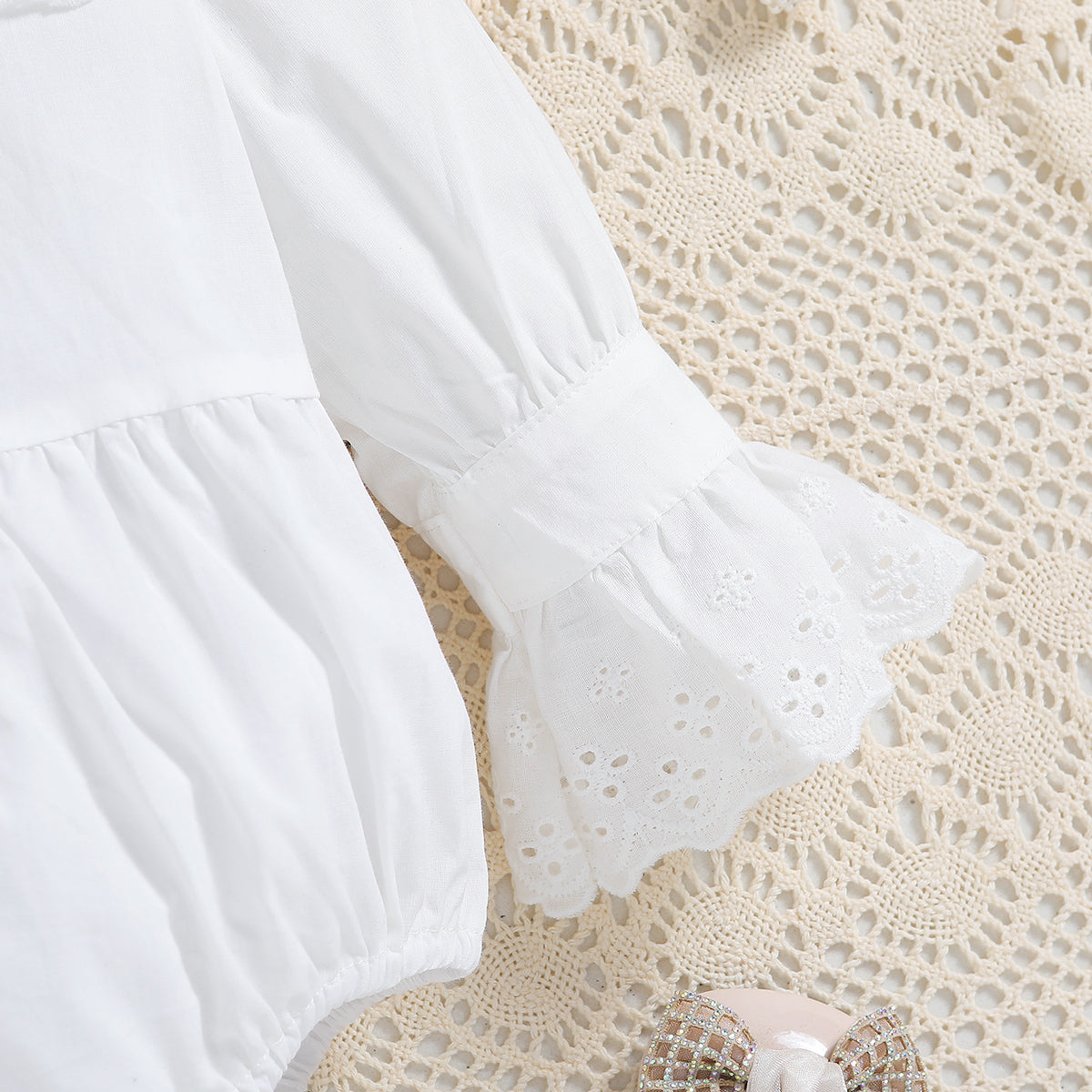 Infants Girls White Self Design Peter Pan Collar Schiffli Bodysuit