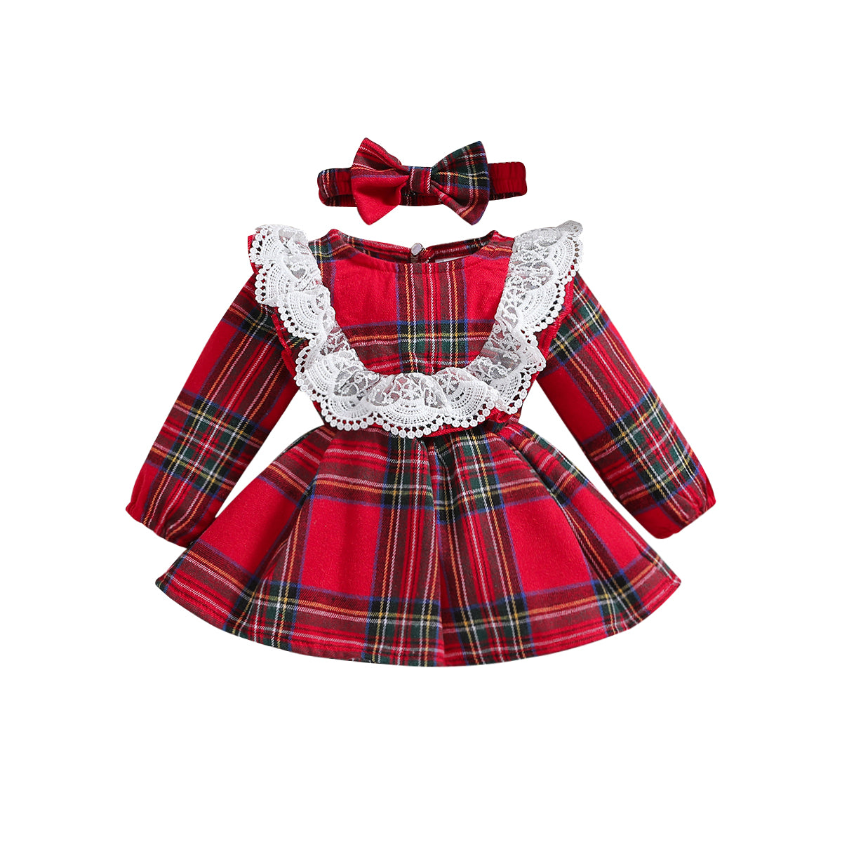 Girls Red Checked Lace Inserted Cotton Fit & Flare Mini Dress with Hairband