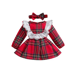 Girls Red Checked Lace Inserted Cotton Fit & Flare Mini Dress with Hairband