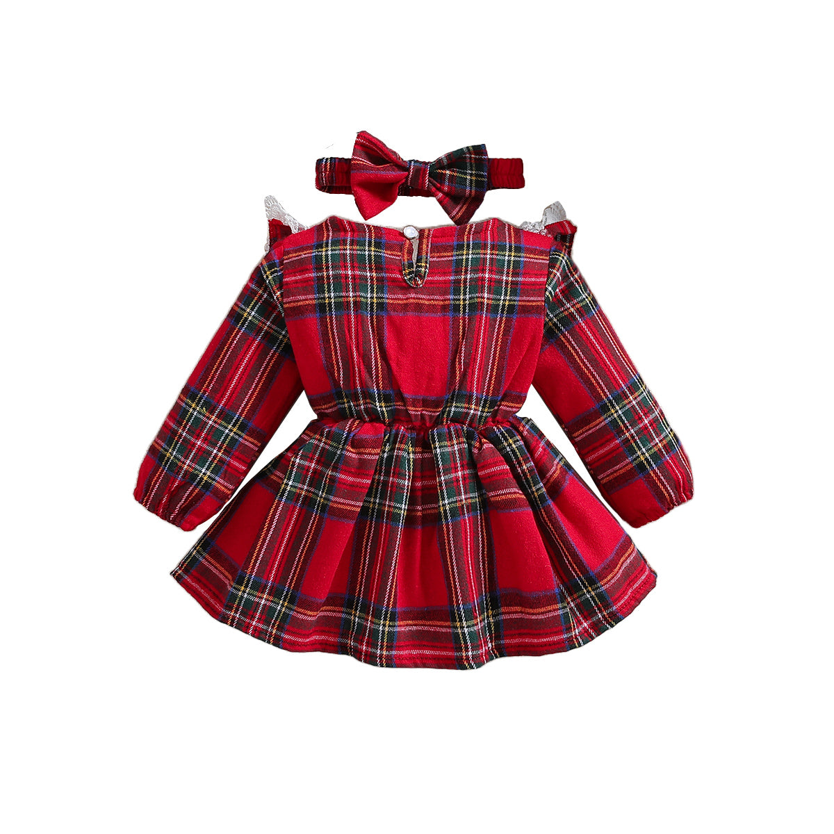 Girls Red Checked Lace Inserted Cotton Fit & Flare Mini Dress with Hairband
