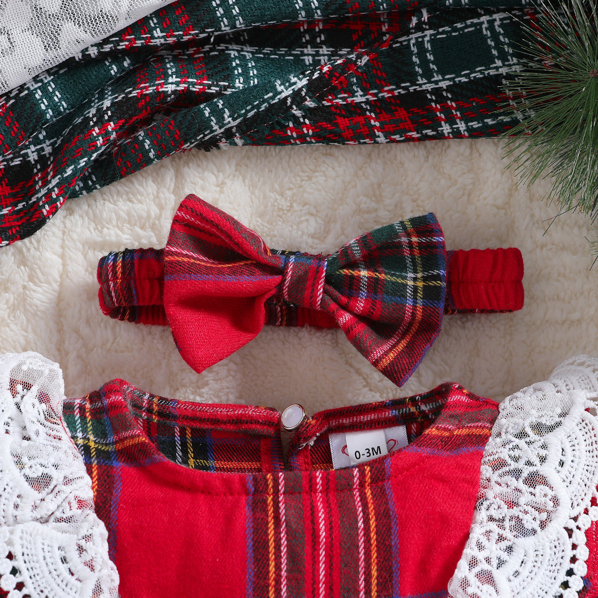 Girls Red Checked Lace Inserted Cotton Fit & Flare Mini Dress with Hairband