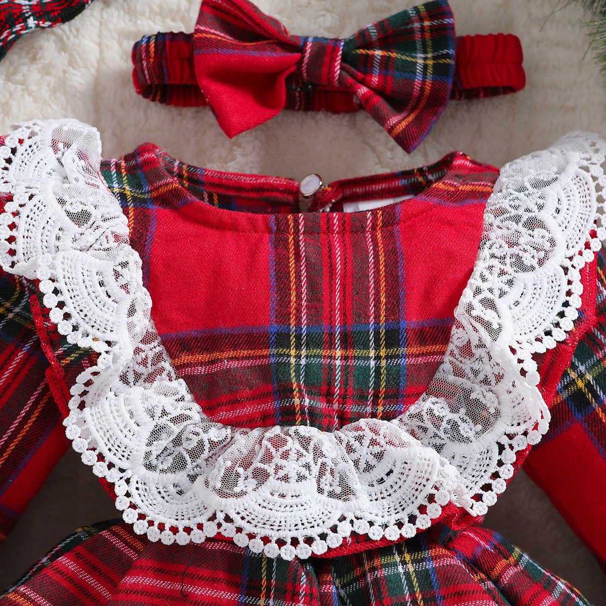 Girls Red Checked Lace Inserted Cotton Fit & Flare Mini Dress with Hairband