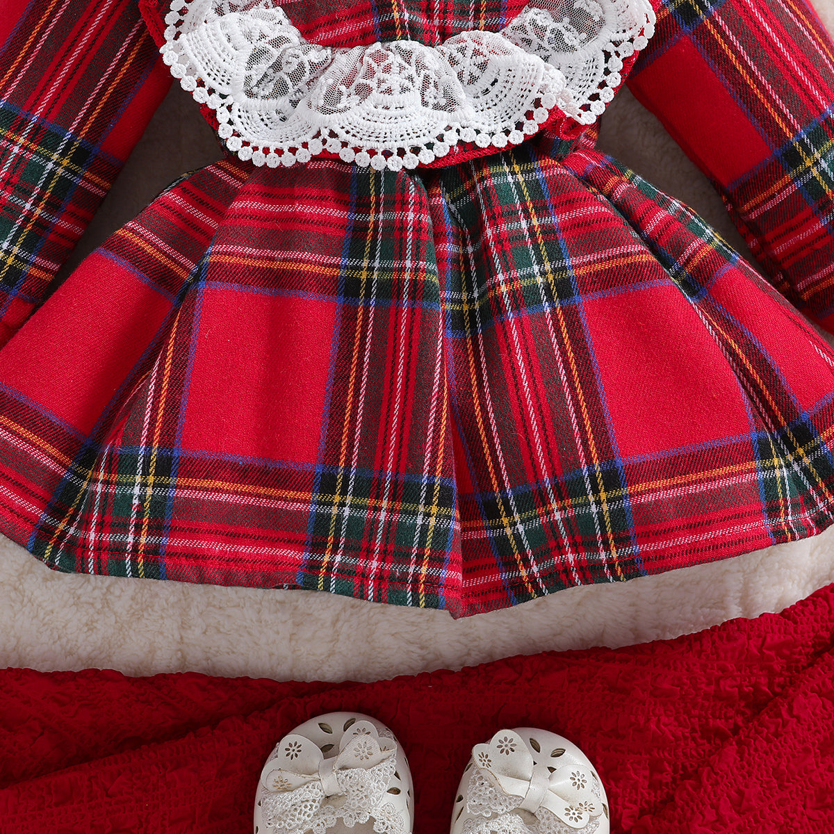 Girls Red Checked Lace Inserted Cotton Fit & Flare Mini Dress with Hairband