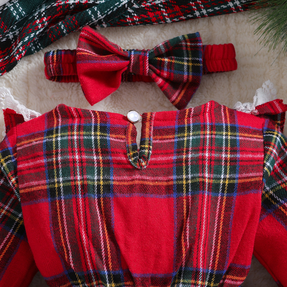 Girls Red Checked Lace Inserted Cotton Fit & Flare Mini Dress with Hairband