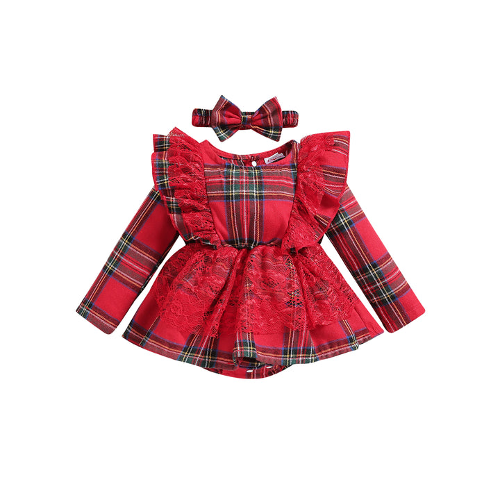 Infant Girls Red Checked Laced Cotton Bodysuit With Headband