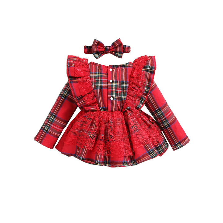 Infant Girls Red Checked Laced Cotton Bodysuit With Headband