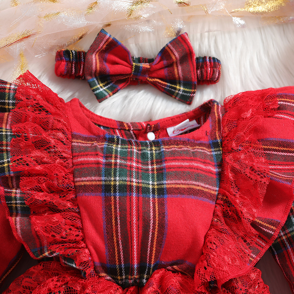 Infant Girls Red Checked Laced Cotton Bodysuit With Headband
