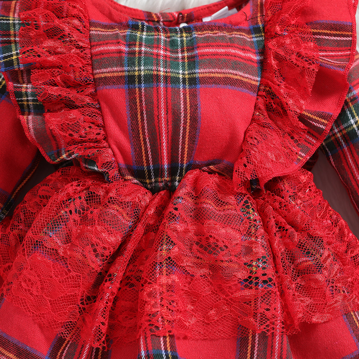 Infant Girls Red Checked Laced Cotton Bodysuit With Headband