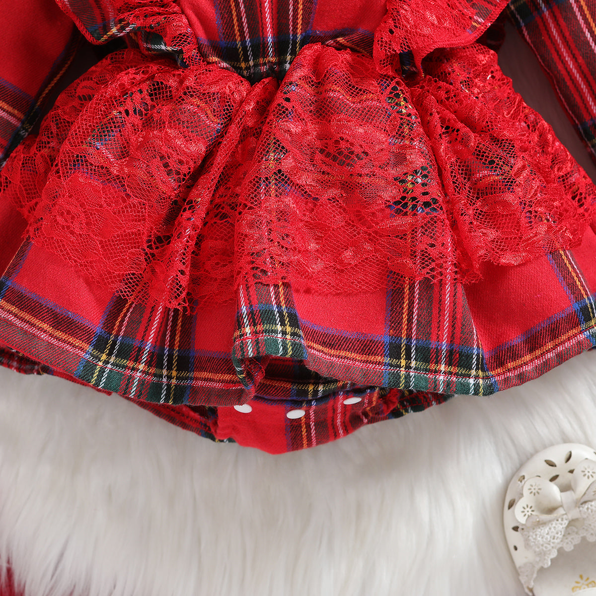 Infant Girls Red Checked Laced Cotton Bodysuit With Headband
