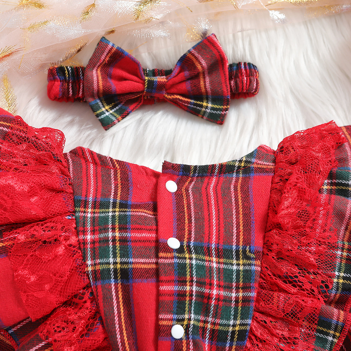 Infant Girls Red Checked Laced Cotton Bodysuit With Headband