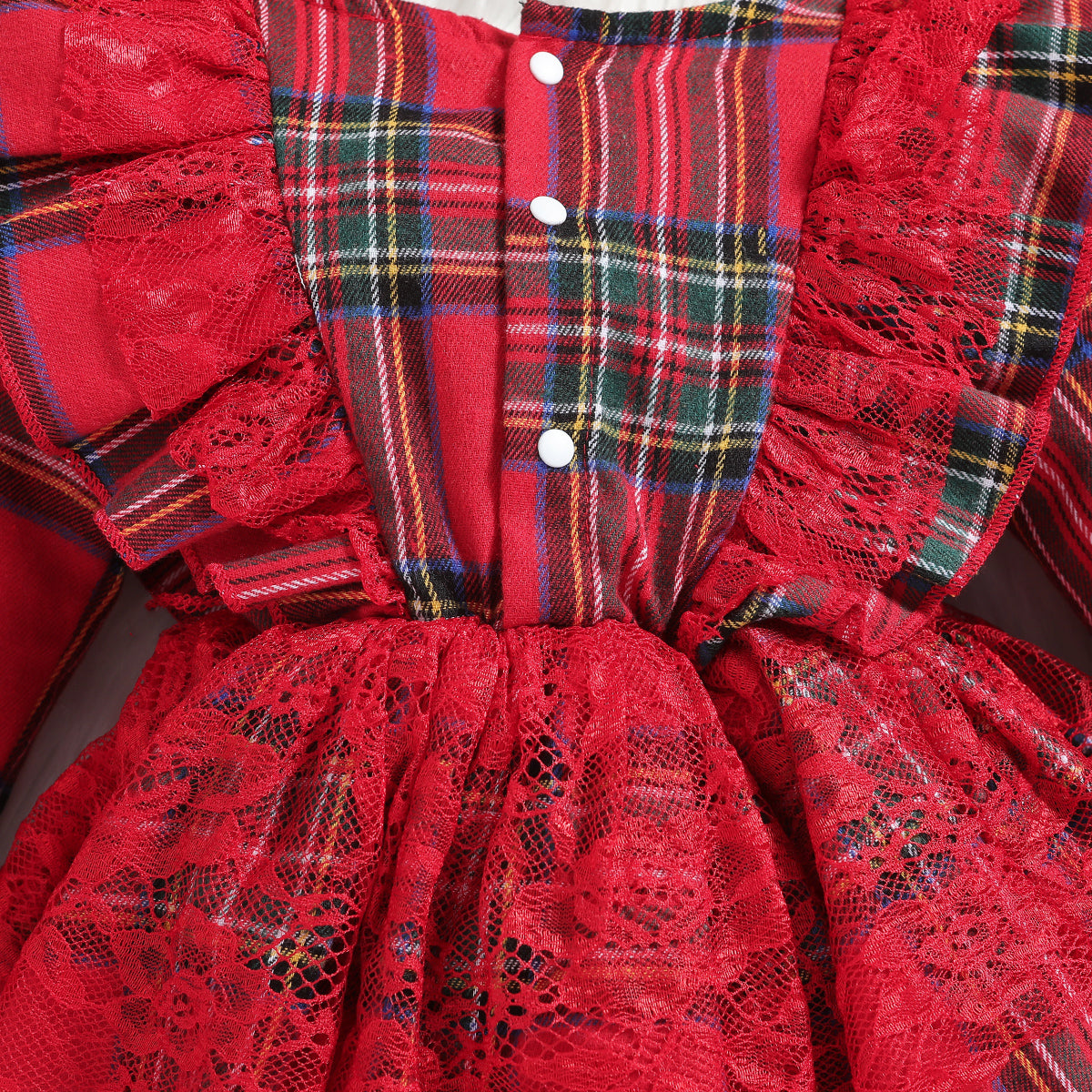 Infant Girls Red Checked Laced Cotton Bodysuit With Headband