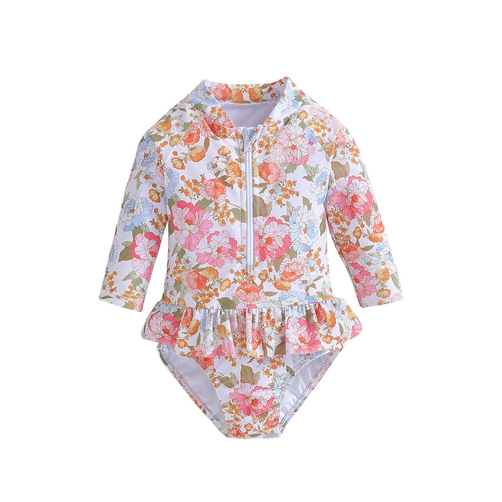 White Girls Floral Printed Zip-Up Bodysuit Swimwear