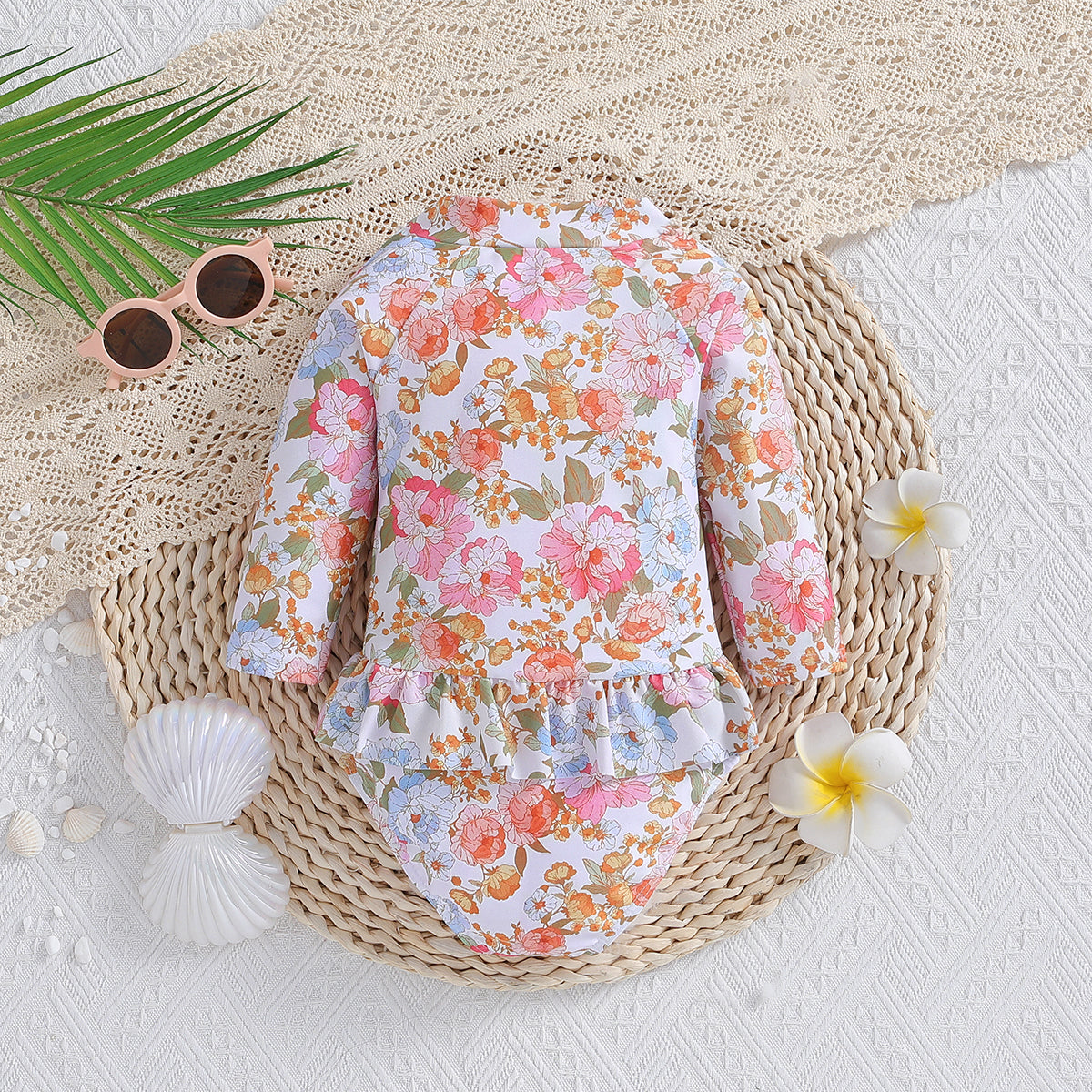 White Girls Floral Printed Zip-Up Bodysuit Swimwear