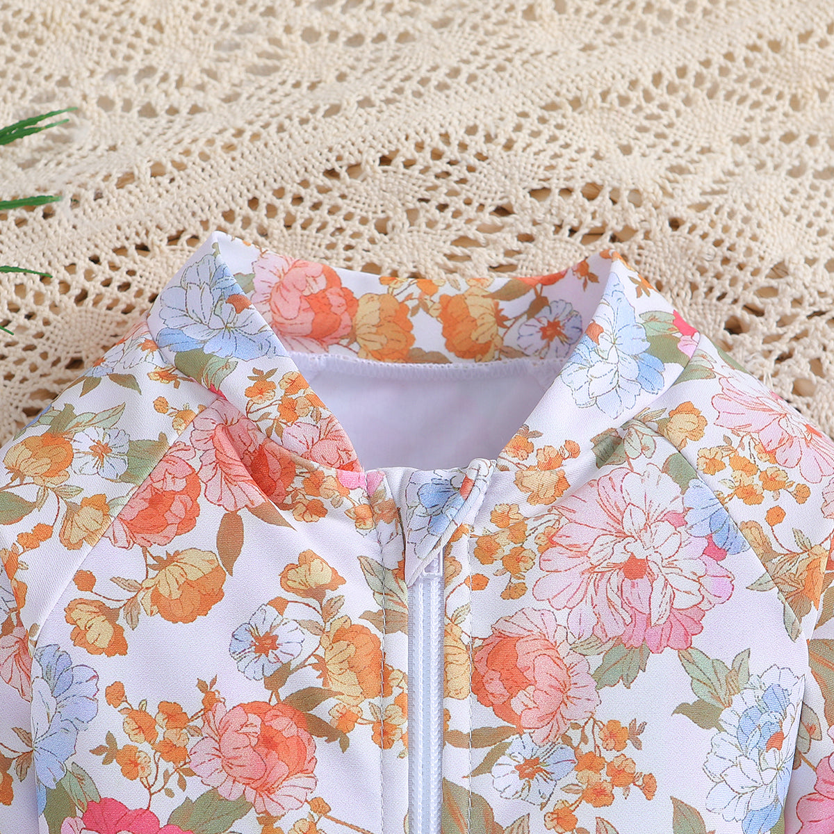 White Girls Floral Printed Zip-Up Bodysuit Swimwear