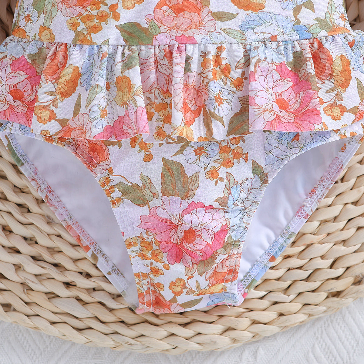 White Girls Floral Printed Zip-Up Bodysuit Swimwear