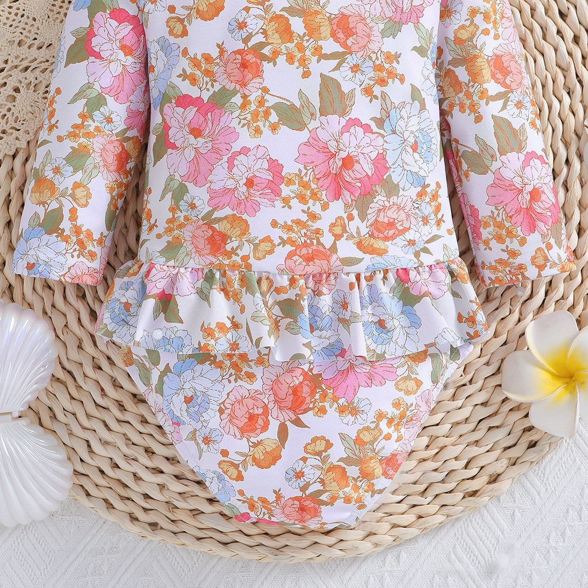 White Girls Floral Printed Zip-Up Bodysuit Swimwear