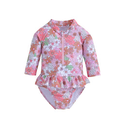 Pink Girls Floral Printed Zip-Up Bodysuit Swimwear