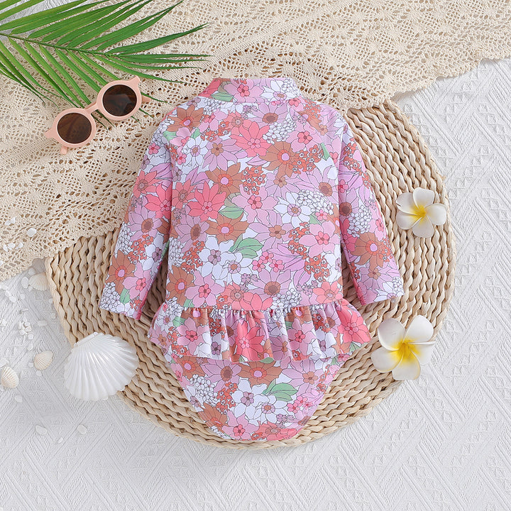 Pink Girls Floral Printed Zip-Up Bodysuit Swimwear