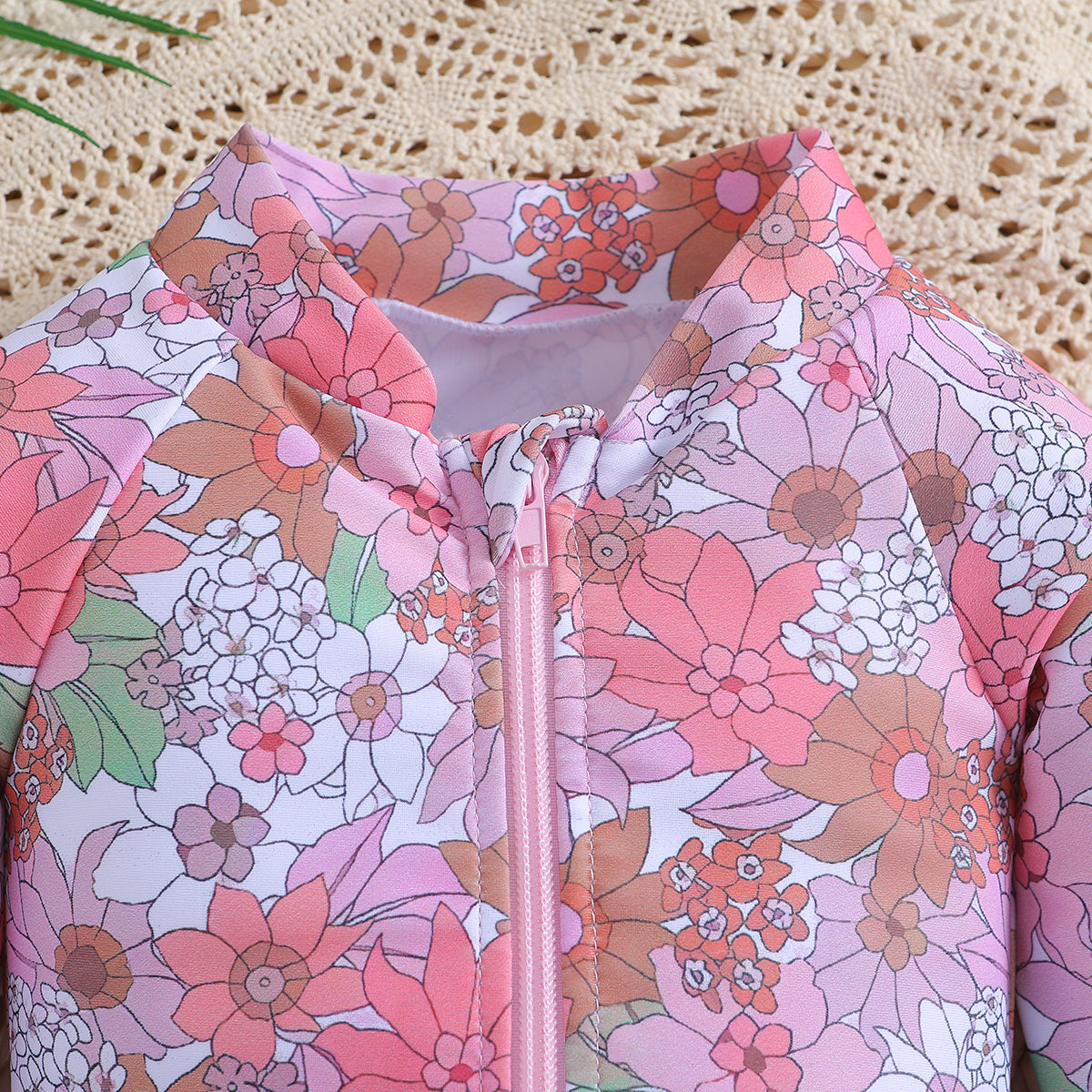 Pink Girls Floral Printed Zip-Up Bodysuit Swimwear