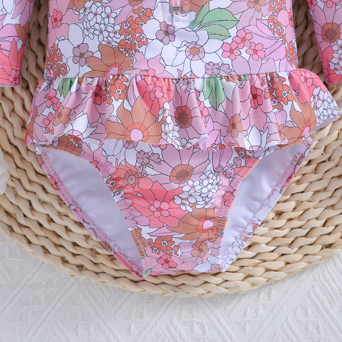 Pink Girls Floral Printed Zip-Up Bodysuit Swimwear