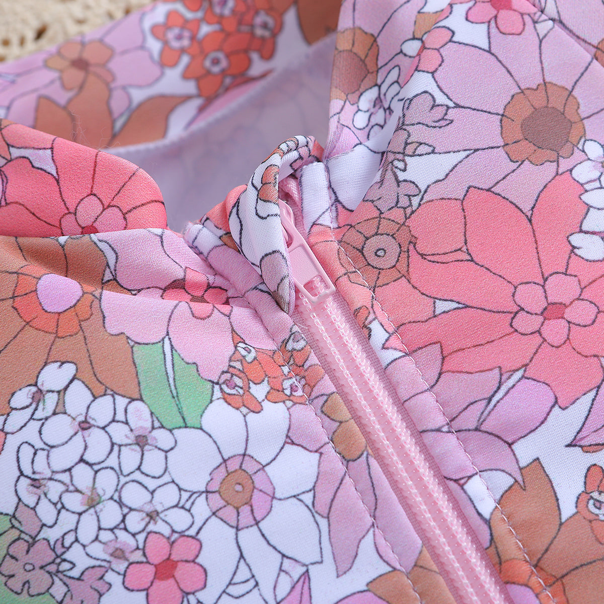 Pink Girls Floral Printed Zip-Up Bodysuit Swimwear