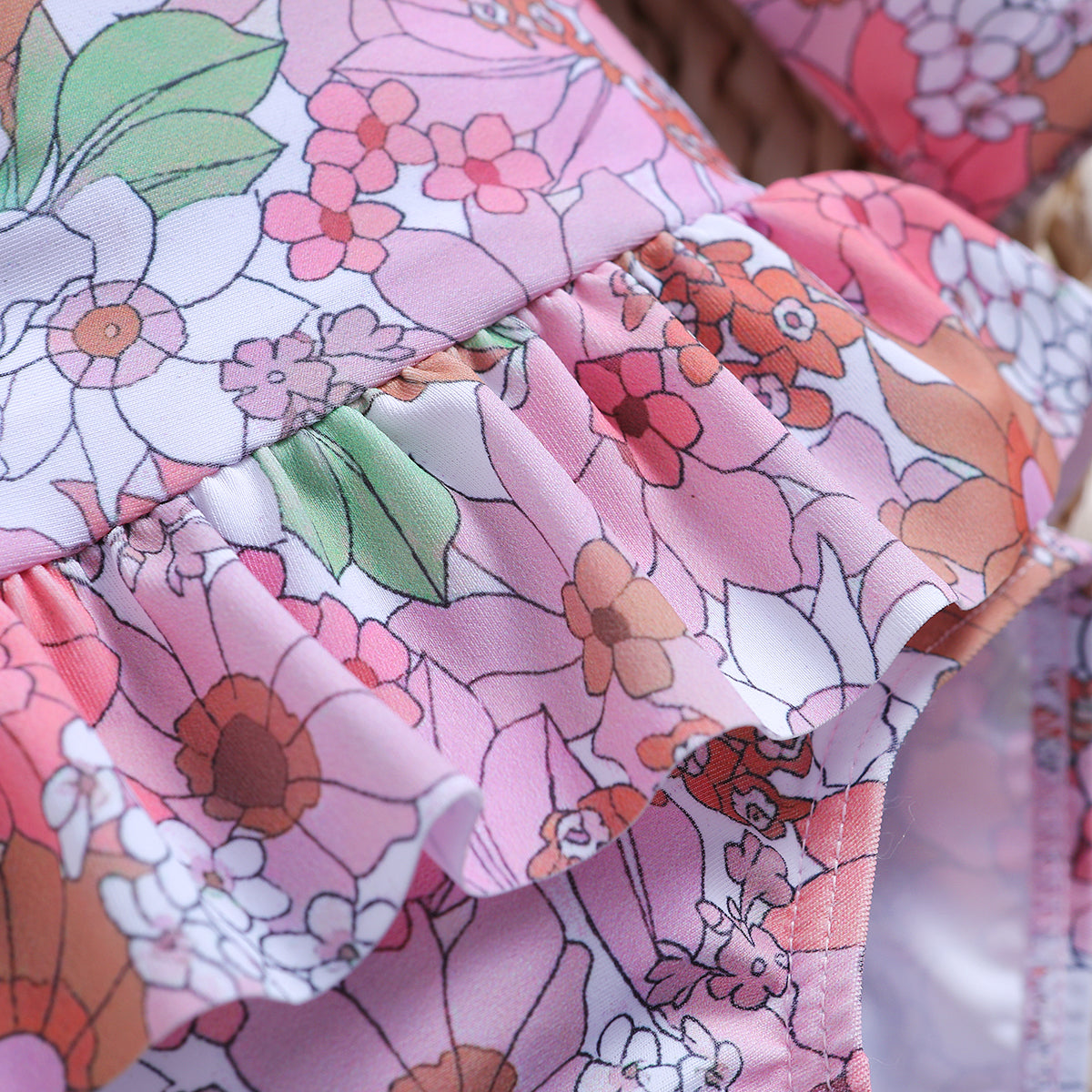 Pink Girls Floral Printed Zip-Up Bodysuit Swimwear