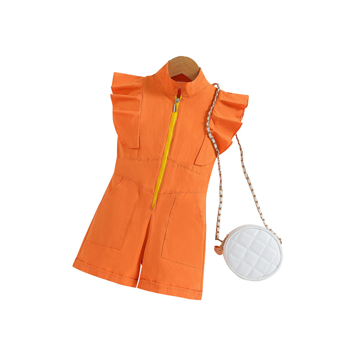 Girls Orange High Collar Ruffles Jumpsuit