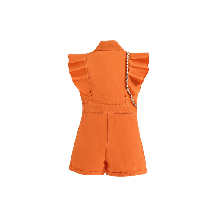 Girls Orange High Collar Ruffles Jumpsuit