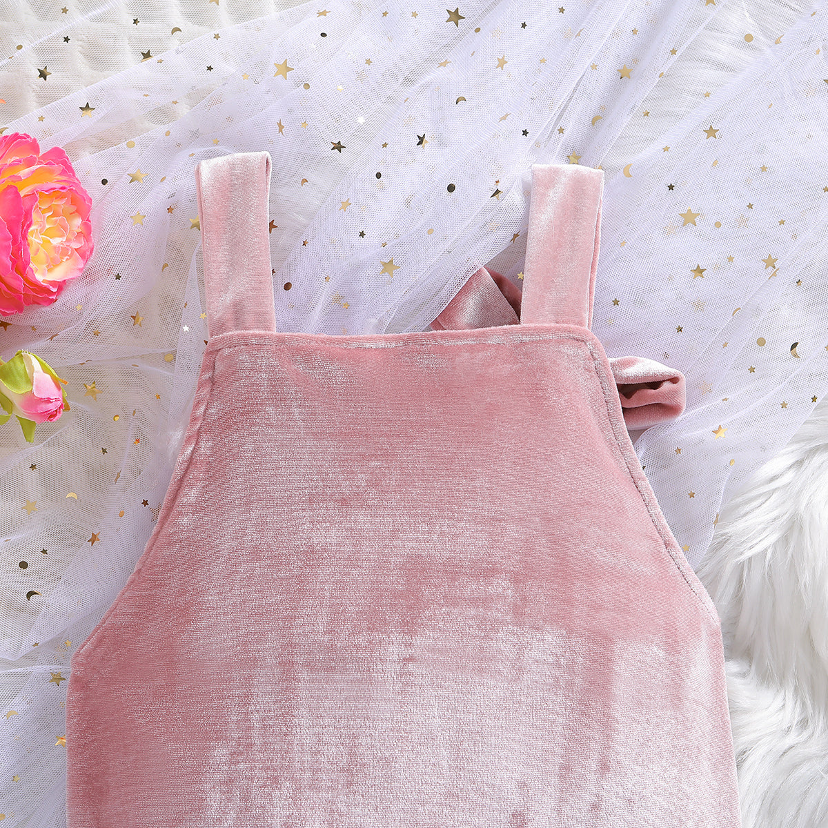 Girls Pink Shoulder Straps Sleeveless Ruffled Basic Jumpsuit