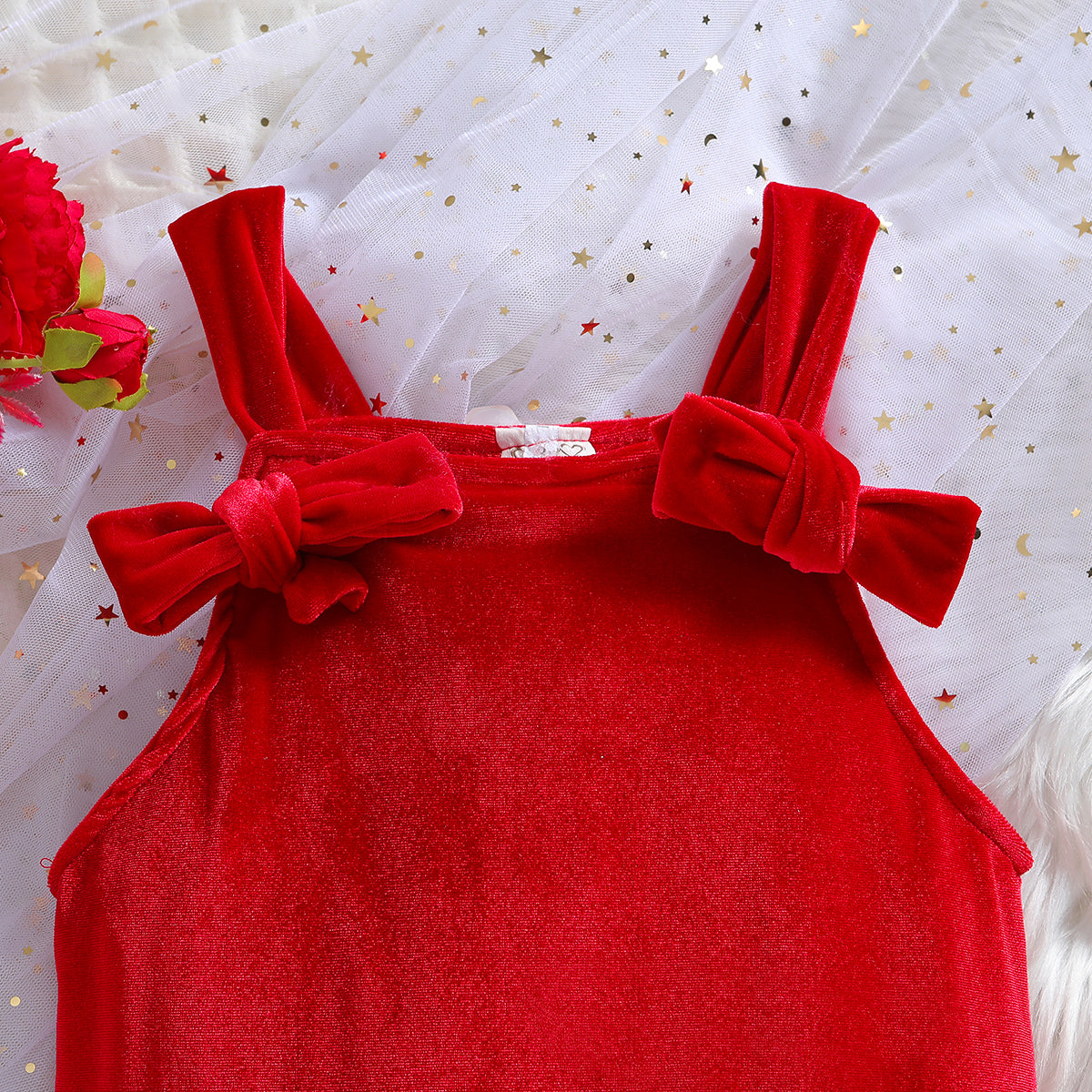 Girls Red Shoulder Straps Cotton Basic Jumpsuit