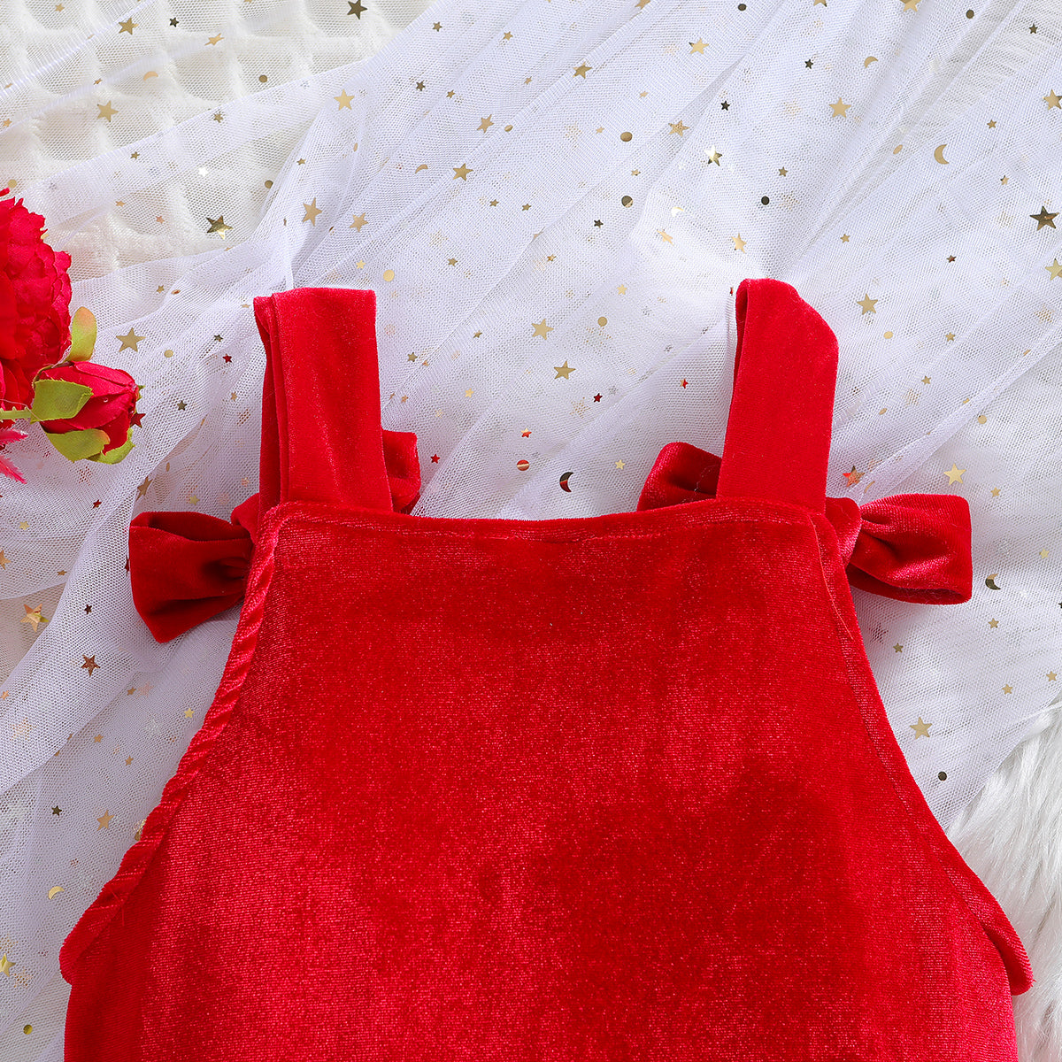 Girls Red Shoulder Straps Cotton Basic Jumpsuit