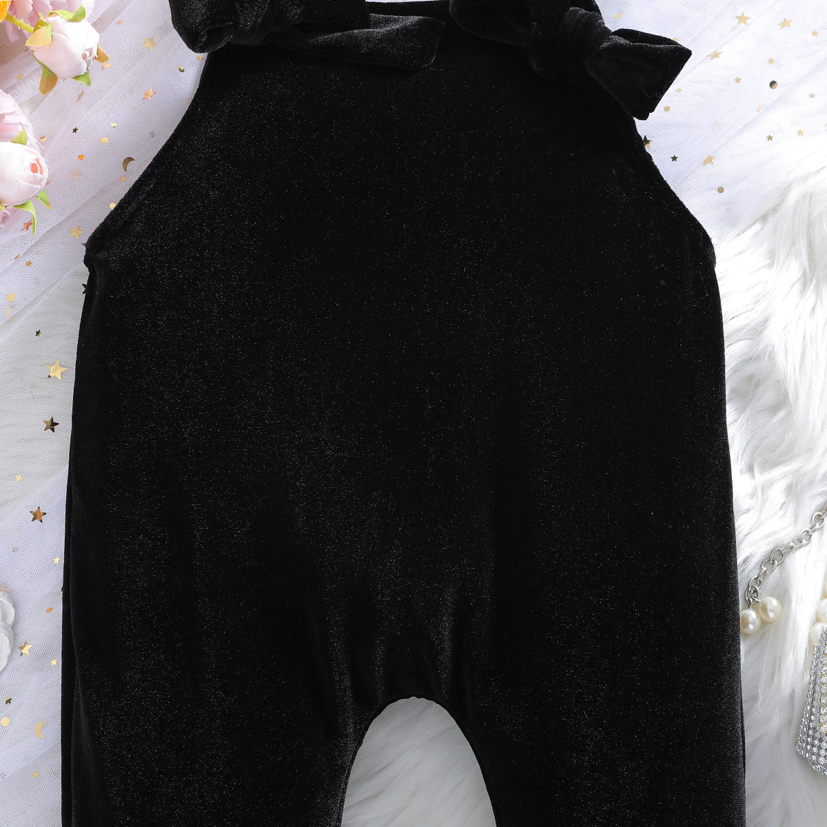 Girls Black Shoulder Straps Cotton Basic Jumpsuit