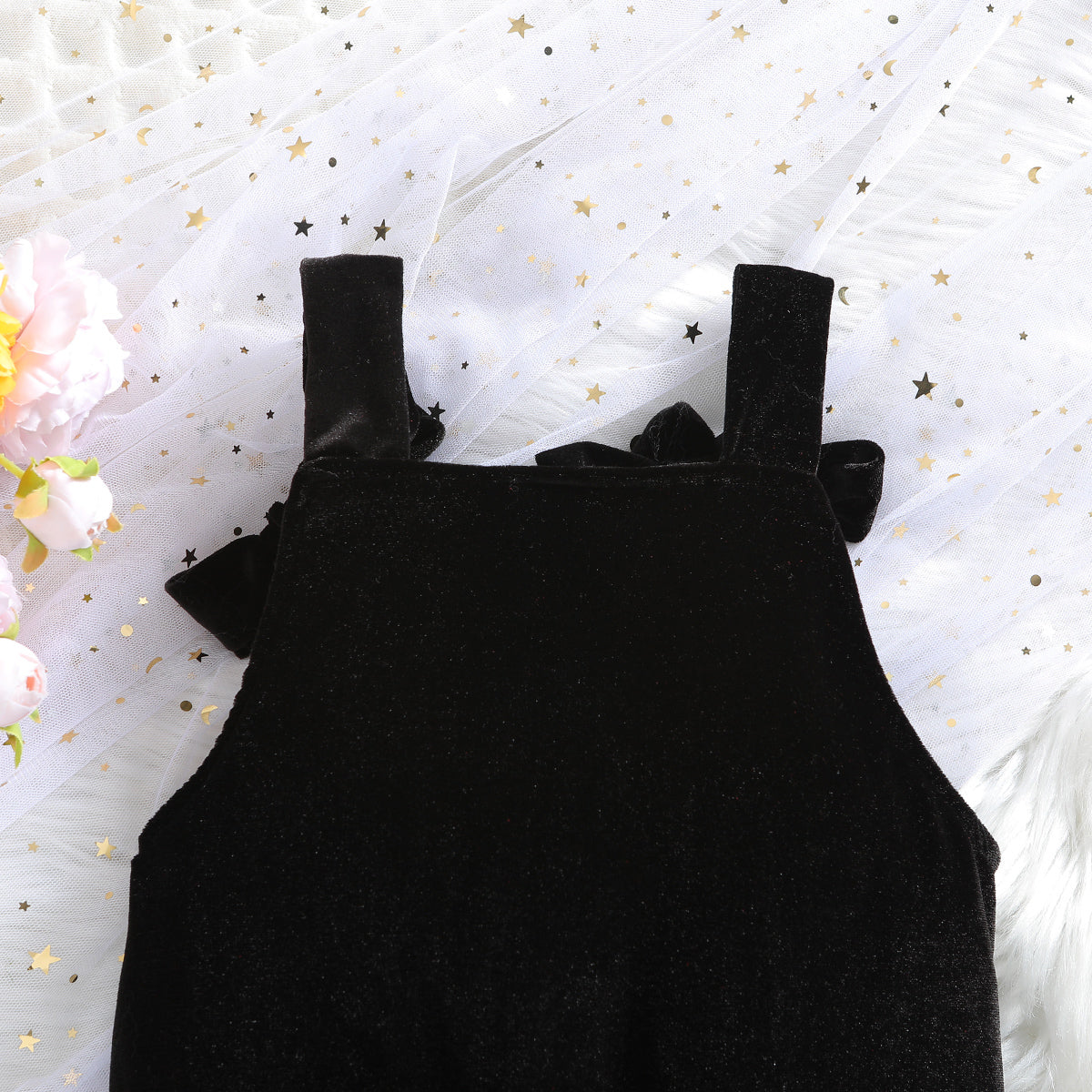 Girls Black Shoulder Straps Cotton Basic Jumpsuit