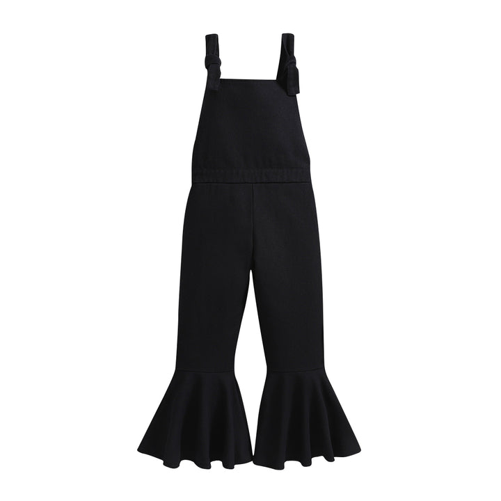 Girls Black Shoulder Straps Sleeveless Ruffled Capri Jumpsuit