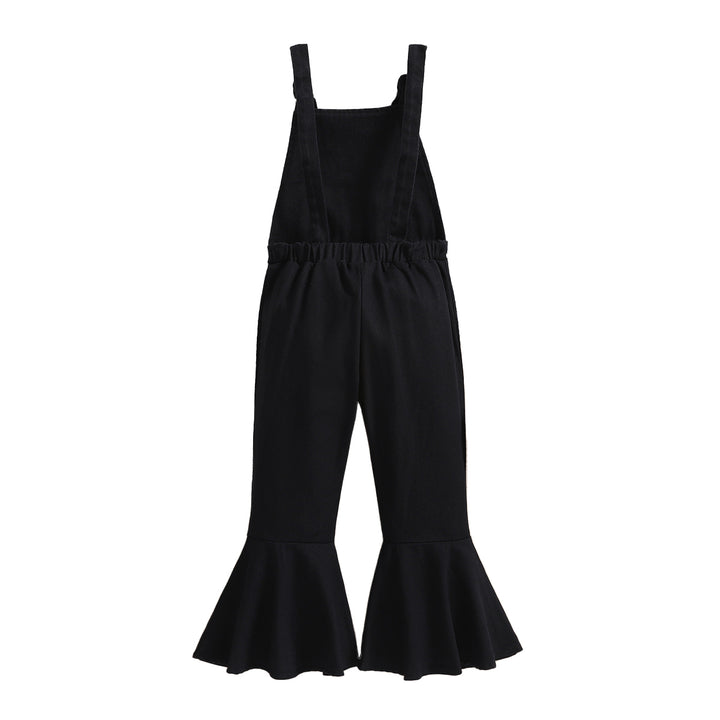 Girls Black Shoulder Straps Sleeveless Ruffled Capri Jumpsuit
