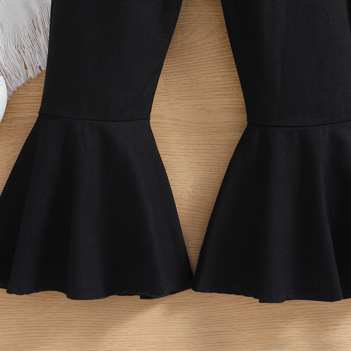Girls Black Shoulder Straps Sleeveless Ruffled Capri Jumpsuit