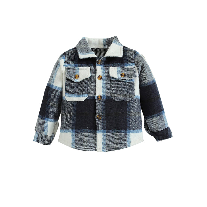 Boys Black Checked Spread Collar Long Sleeve Cotton Casual Shacket