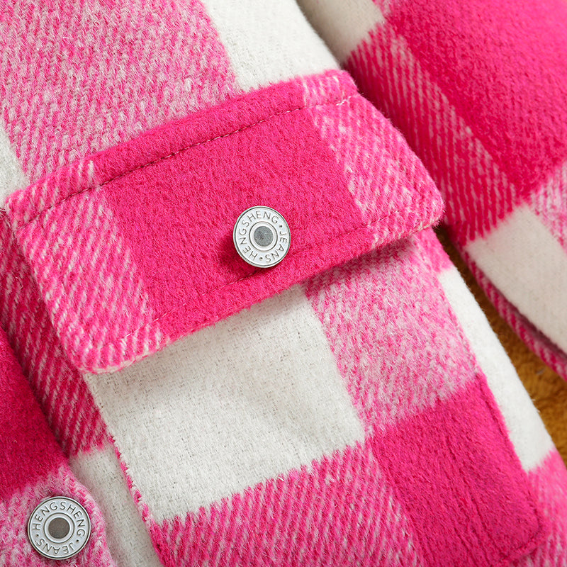 Girls Pink Checked Shirt Collar Windcheater Cotton Tailored Jacket