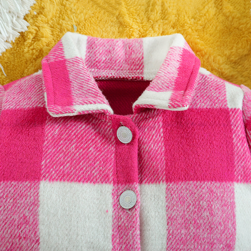 Girls Pink Checked Shirt Collar Windcheater Cotton Tailored Jacket